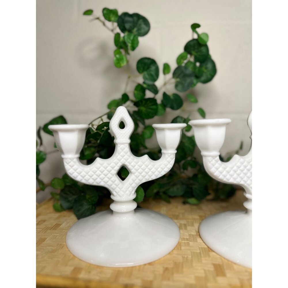 VTG Westmoreland English Hobnail Milk Glass Candelabra Pair Candle Holder Decor - Picture 3 of 8